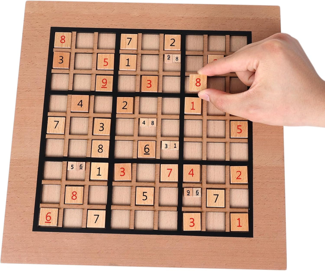 Sudoku Holzspiel mit Sudoku Brett, 90 Grossen Zahlen und Denksteinen & 2 Aufbewahrungsschubladen – D