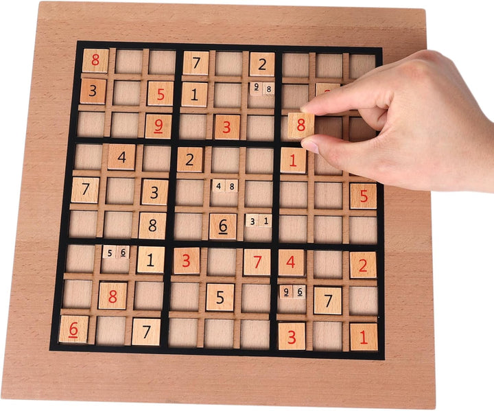 Sudoku Holzspiel mit Sudoku Brett, 90 Grossen Zahlen und Denksteinen & 2 Aufbewahrungsschubladen – D