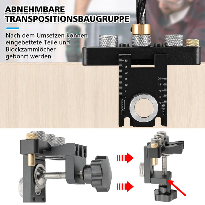3-in-1 die Bohrschablone Möbelbau, 8/10/15mm Holzdübel Bohrschablone Dübellöcher mit Positionierungs