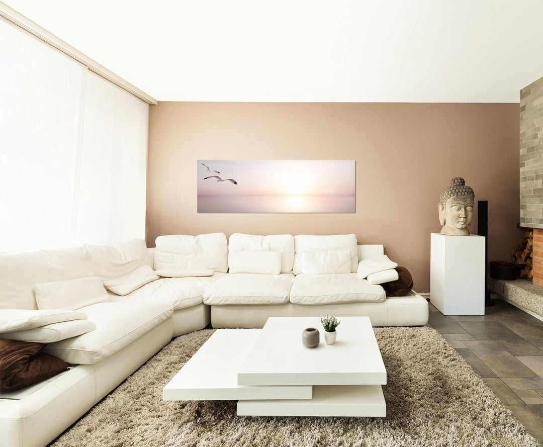 Paul Sinus Art Panoramabild auf Leinwand und Keilrahmen 120x40cm Meer Sonnenlicht Möwen abstrakt