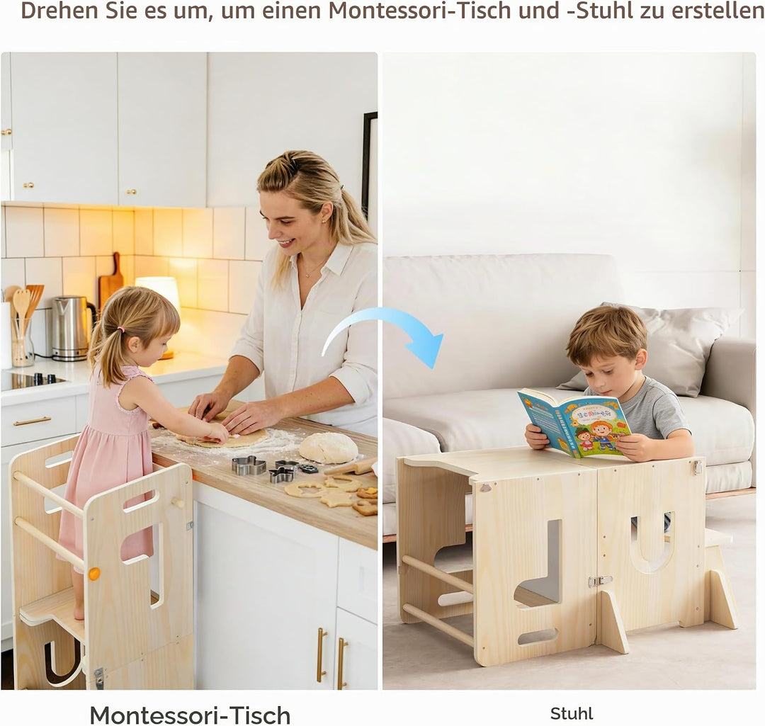 Lernturm für Kinder, klappbarer 3-in-1 Küchenhelfer Tritthocker aus Holz mit Kreidetafel, mit Sicher
