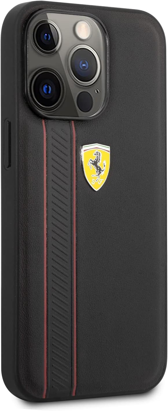 CG MOBILE Ferrari Schutzhülle für iPhone 13 Pro in Schwarz mit zwei roten Linien, Echtleder-Schutzhü