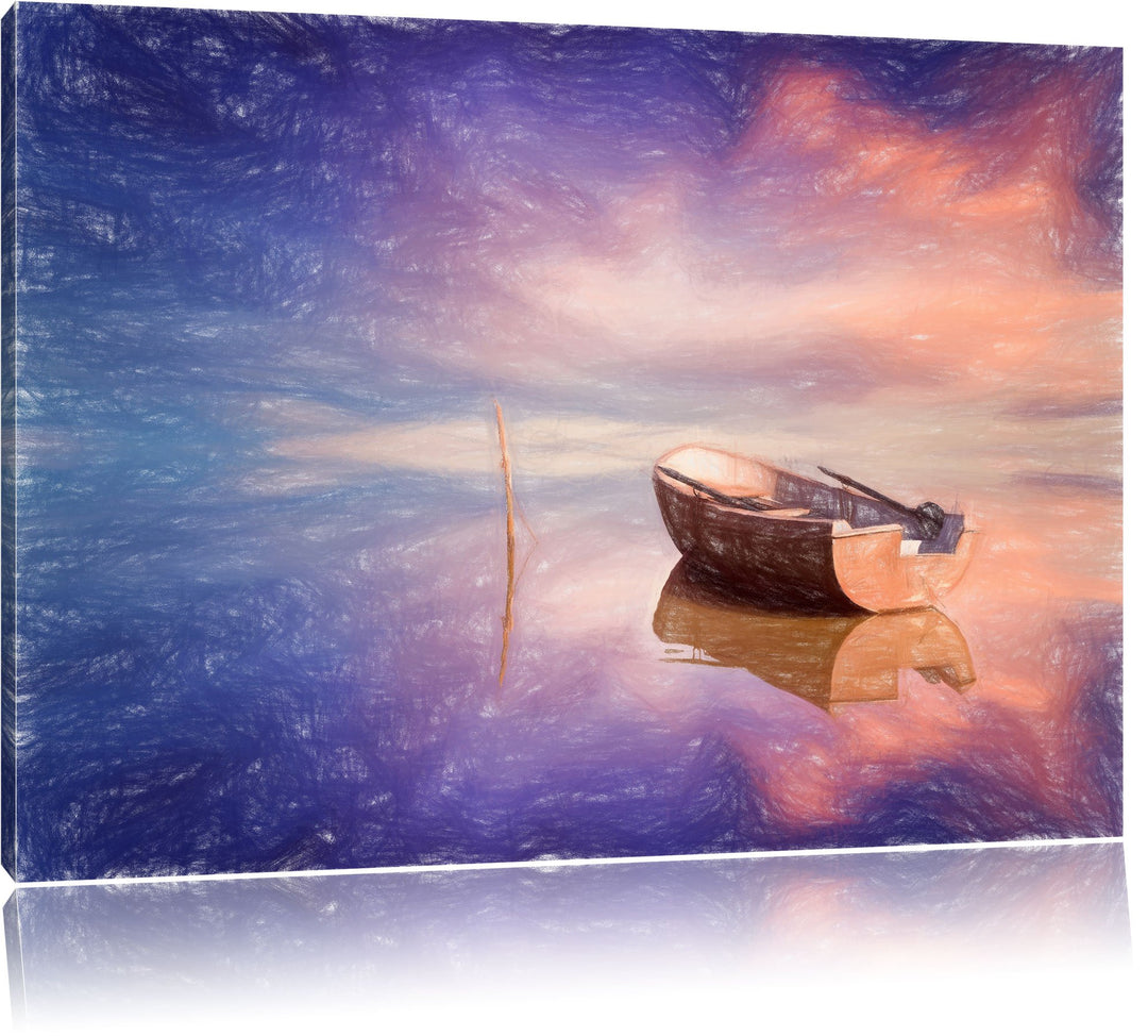 Pixxprint Einsames Boot auf See als Leinwandbild/Grösse: 100x70 cm/Wandbild/Kunstdruck/fertig bespan