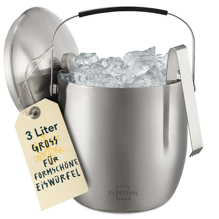 SILBERTHAL Grosser Eiseimer 3L mit Deckel und Zange - Edelstahl - Doppelwandig Isoliert - Eiswürfelb