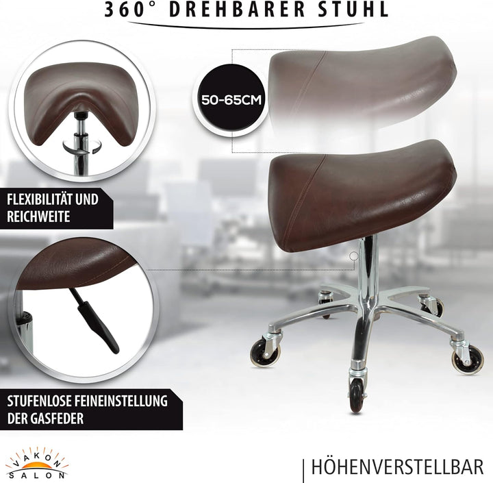 VAKON SALON - Premium Sattelhocker Braun, Sattelstuhl für Rückenentlastung, Rollhocker höhenverstell