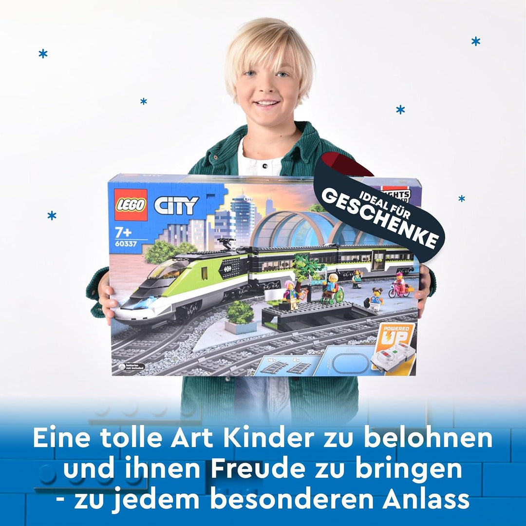LEGO 60337 City Personen-Schnellzug, Set mit ferngesteuertem Zug mit Scheinwerfern, 2 Wagen und 24 S