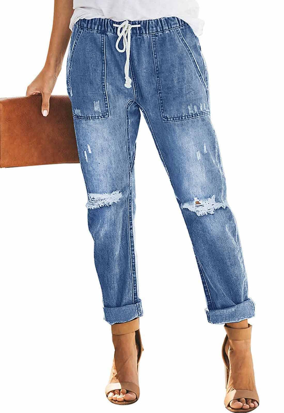 Alaster Queen Jeans Damen Lässig High Waist Jeans Baggy Jeans Damen Knie Zerrissen Jeans 209-blau S,