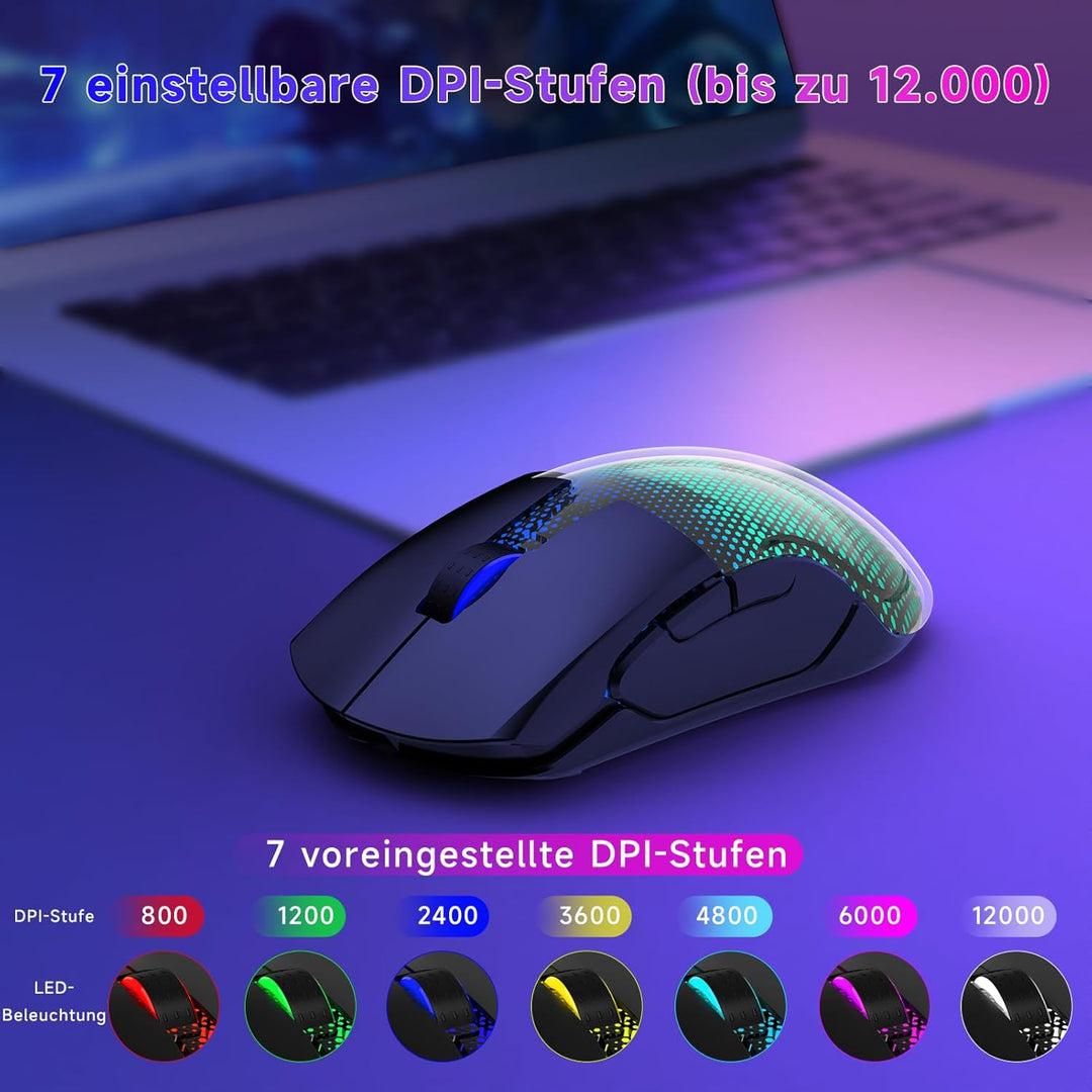 Gaming Maus Kabellos, 12K DPI, 2,4g/USB-C/Bluetooth 5.3 Gaming Mouse, GrossE RGB-Hintergrundbeleucht