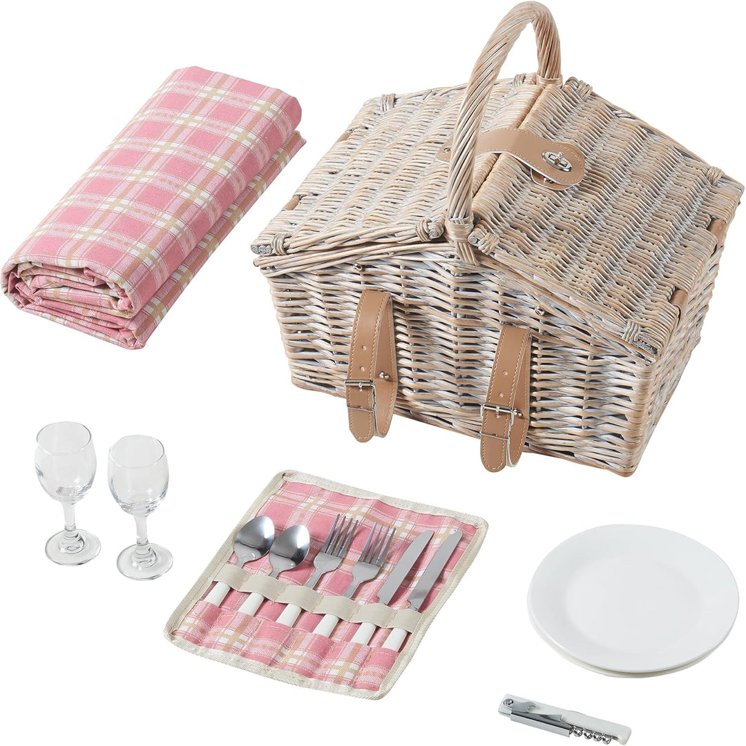 casa.pro Picknickkorb für 2 Personen Bucchianico Komplettset Weide Flechtkorb Picknick Set Geschirr