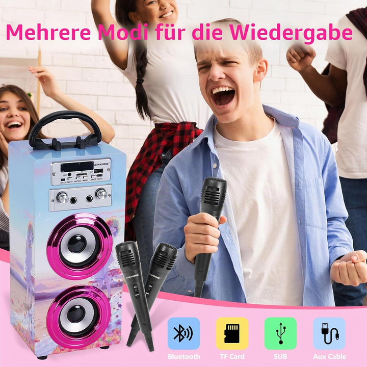 DYNASONIC Karaoke mit 2 Mikrofonen, tragbarer Karaoke-Maschine, Bluetooth-Lautsprecher, USB- und SD-