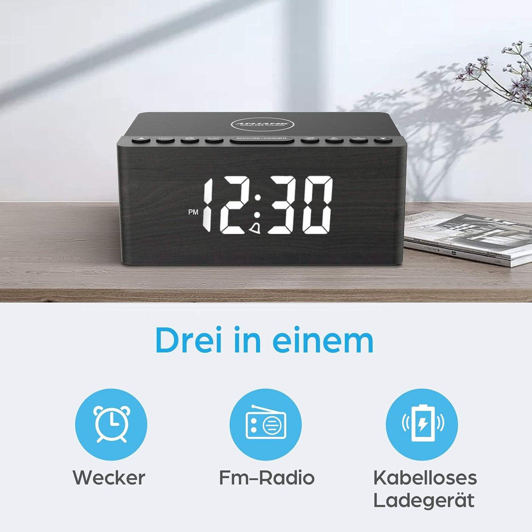 ANJANK Radio wecker Digital mit kabelloses Laden,10W Fast Wireless Charger for iPhone/Android Phone,