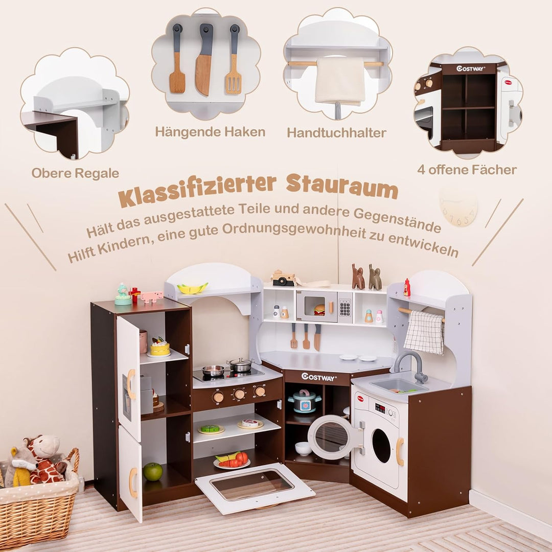 COSTWAY Eck Spielküche, Kinderküche mit Licht & Sound, Kinderspielküche mit Spüle, Eismaschine, Back