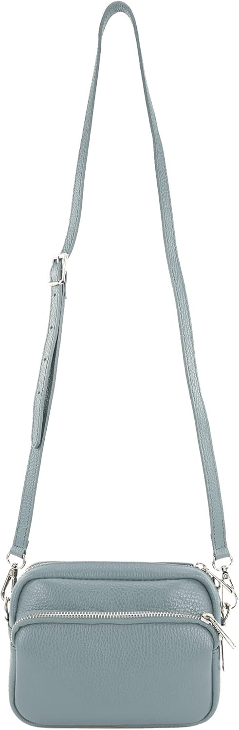 modamoda de - T231 - ital. Umhängetasche Klein Small aus Leder Taubenblau, Taubenblau