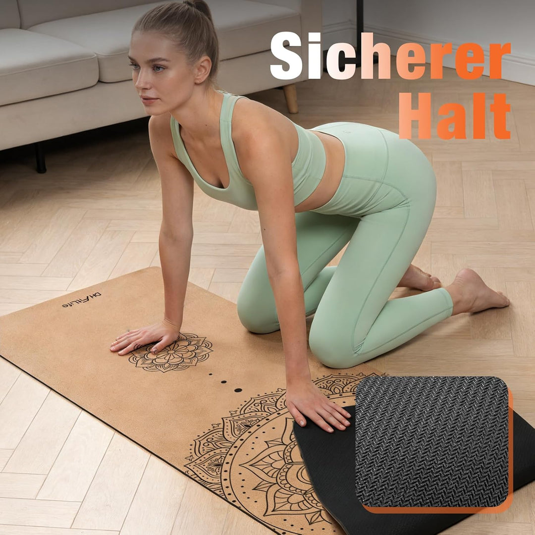 DH FitLife Kork Yogamatte rutschfest aus Naturkautschuk | sofort einsatzbereit | Leicht zu reinigen