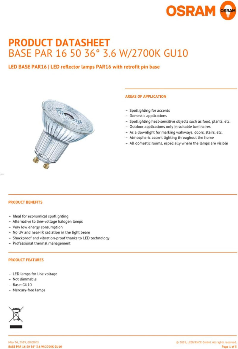 Osram Base PAR16 LED-Reflektorlampe mit GU10-Sockel, 4.3 W, Warmweiss, 10 Stück (1er Pack) 50W 10 Pa