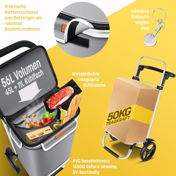 KESSER® Einkaufstrolley klappbar mit 56L Kapazität und belastbar bis 50kg | 3in1 Trolley Sackkarre &