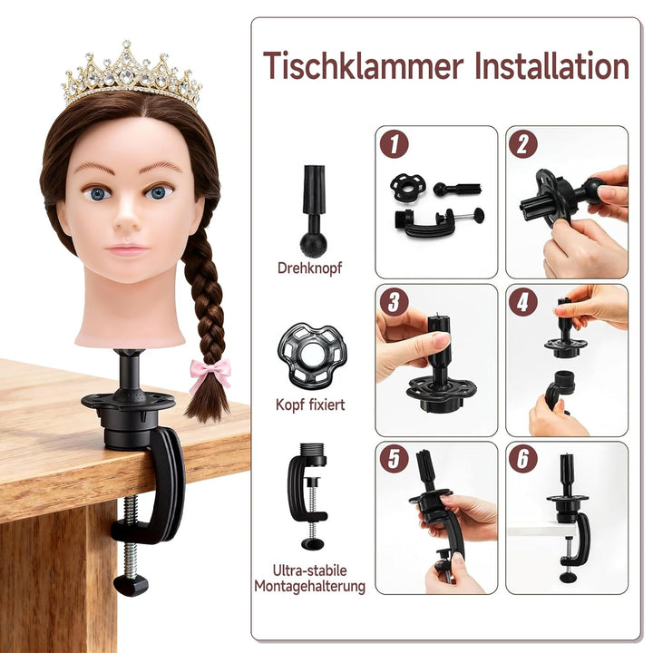 TwoWin Friseurkopf mit Haaren, 20 Zoll (50.8 cm) 100% Echthaar Mannequin Kopf, Übungskopf Haar Frise