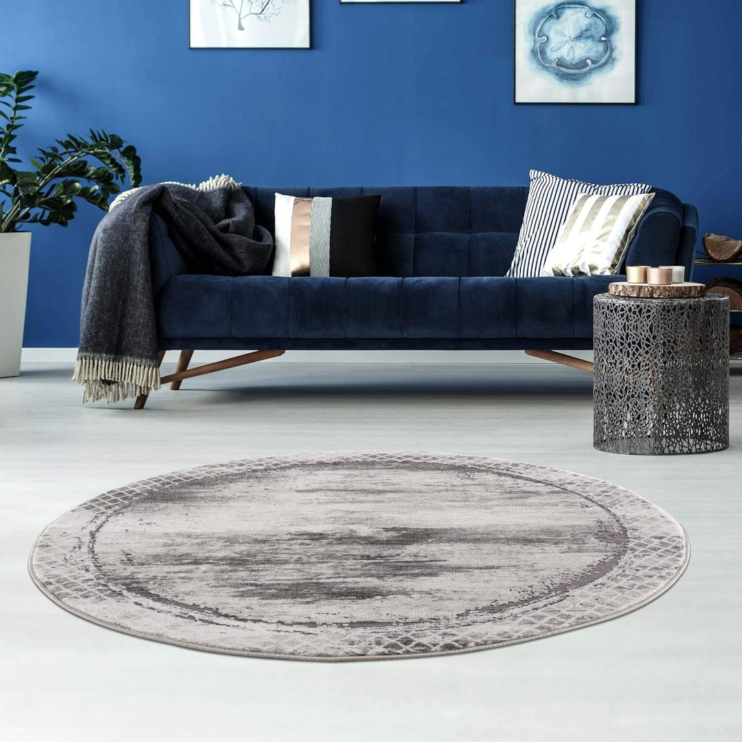 carpet city Teppich Grau Meliert Wohnzimmer - 160 cm Rund - Bordüre, Rauten Muster - Moderne Teppich