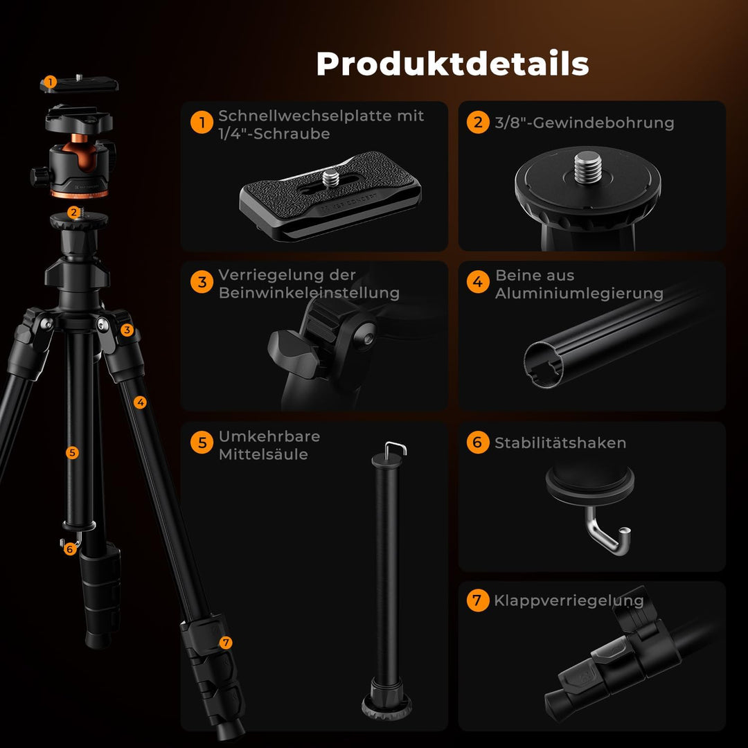 Kamera Stativ, K&F Concept Handy Stativ,178cm Stativ mit Handyhalterung, Tripod für unterwegs, Stati