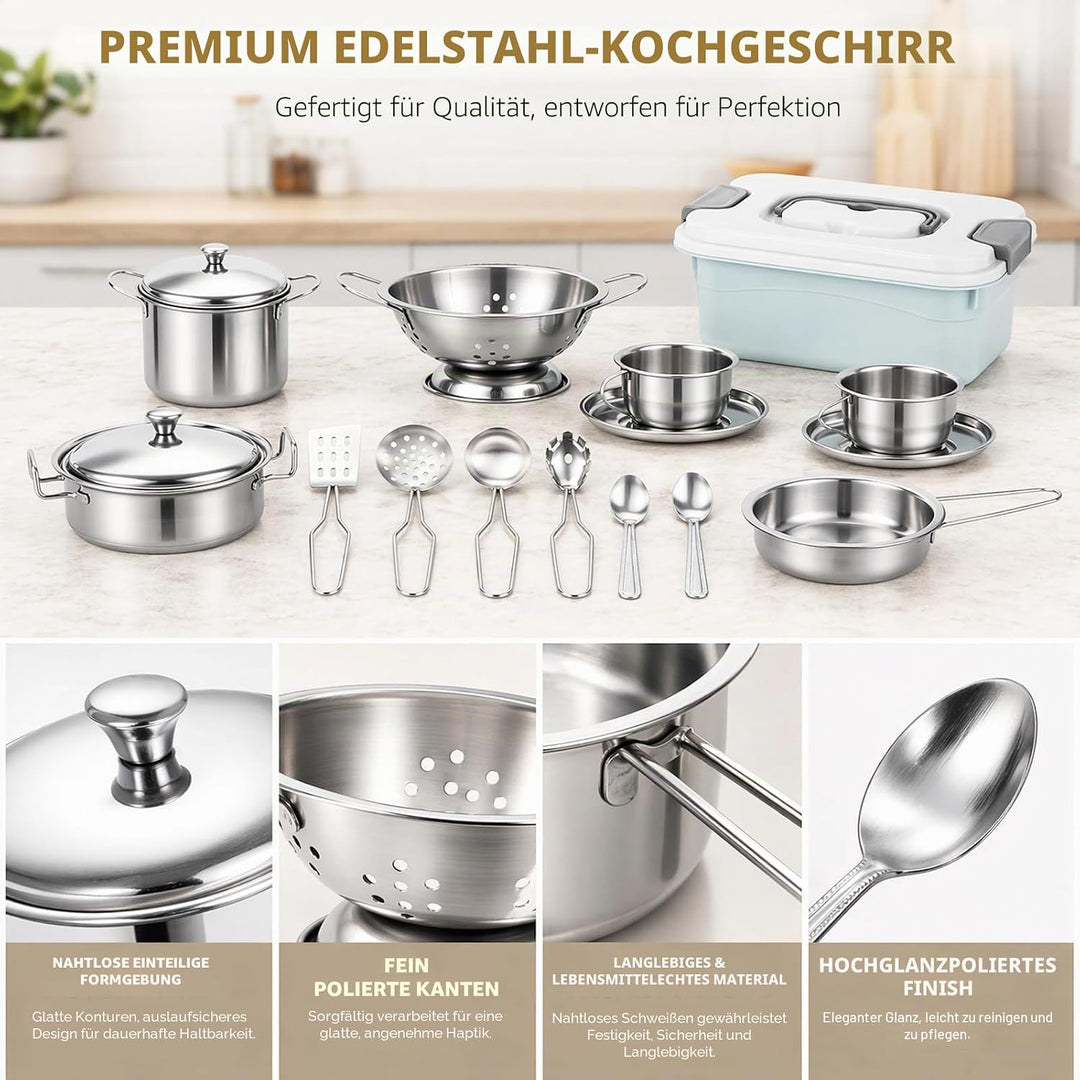 RANJIMA Kinderküche Zubehör, 17 Stück Edelstahl Küchen Zubehörfür Kinder Mit Aufbewahrungsbox, Kinde