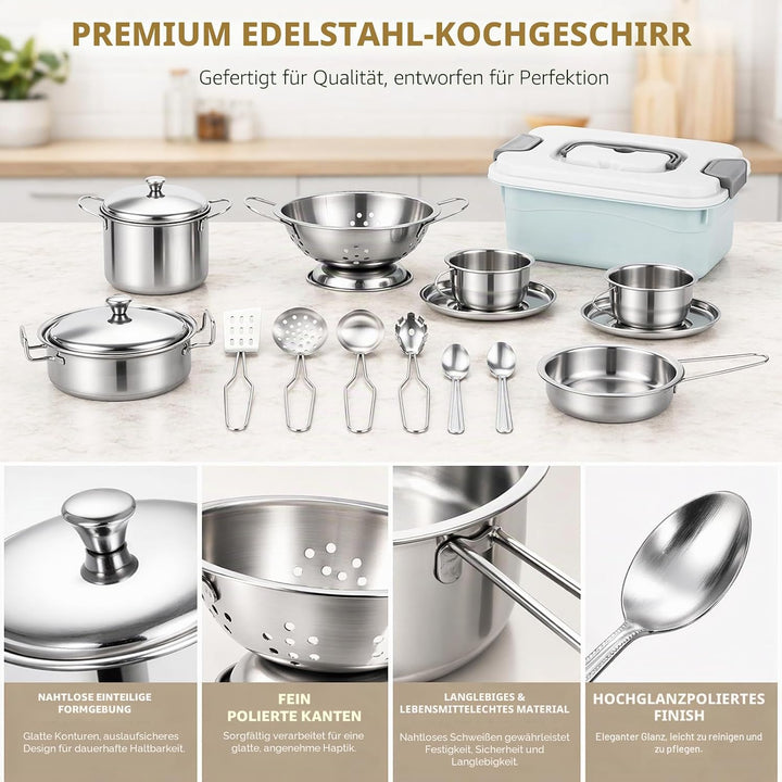 RANJIMA Kinderküche Zubehör, 17 Stück Edelstahl Küchen Zubehörfür Kinder Mit Aufbewahrungsbox, Kinde