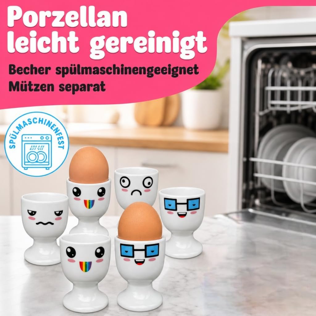 MIJOMA 6 Stück Set Eierbecher Eierhalter Eierständer weiss mit Gesichter Dekor #3, aus Porzellan je