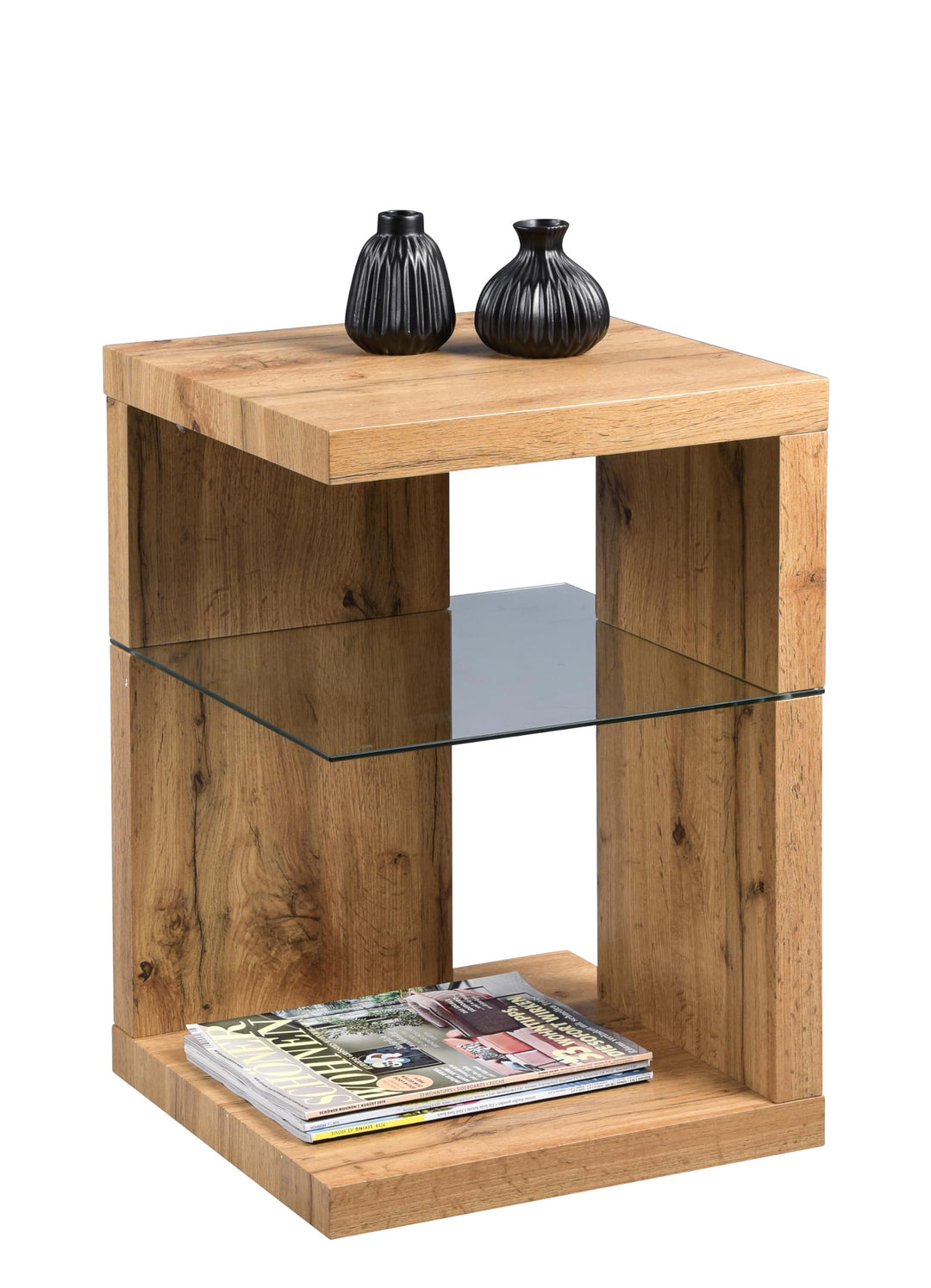 HomeTrends4You Domingo Beistelltisch/Nachttisch, MDF, Sicherheitsglas, Wildeiche,