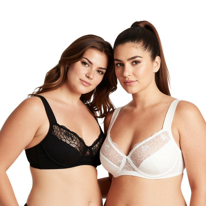 Curve Muse Damen Übergrösse Minimizer Bügel-BH mit Stickspitze - 2er Pack 75C Schwarz, Buttermilch(2