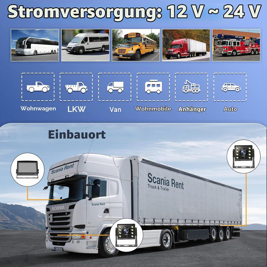 CAMECHO RV Rückfahrkamera Kit mit 8-Zoll-LCD-Monitor+ AHD 1080P Rückfahrkamera*2 mit Nachtsicht IP69