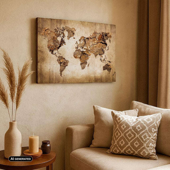 Bilder auf Leinwand 100x70cm Leinwandbild mit Rahmen Karte Welt modern Gross Wanddeko Bild Schlafzim