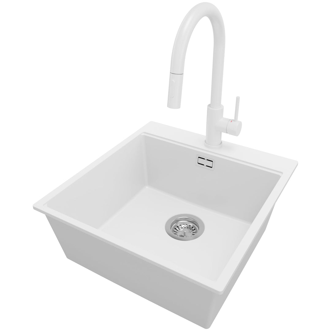PRIMAGRAN Granitspüle Weiss 48x50cm, Spülbecken 1 Becken + Ablauf-Set + Küchenarmatur 40x22cm, Küche