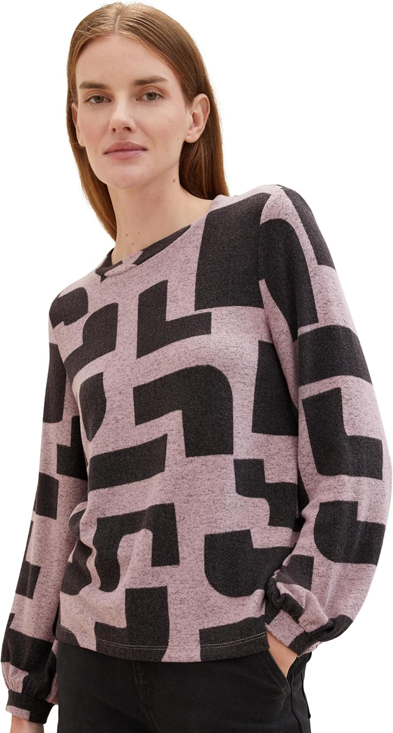 TOM TAILOR Damen Langarmshirt mit Muster S 35135 - Mauve Black Geometric Print, S 35135 - Mauve Blac