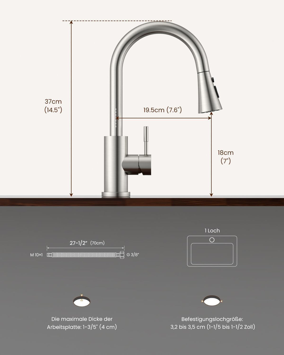 DAYONE Niederdruck Küchenarmatur, Ausziehbarer Wasserhahn mit 3 Strahlarten, Wasserhahn Küche mit 3