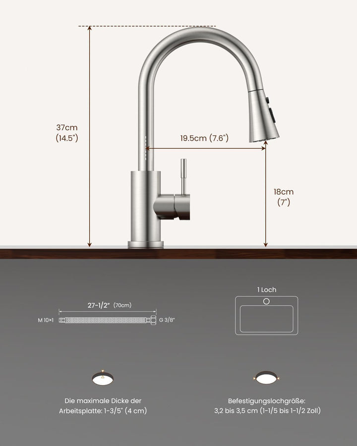 DAYONE Niederdruck Küchenarmatur, Ausziehbarer Wasserhahn mit 3 Strahlarten, Wasserhahn Küche mit 3