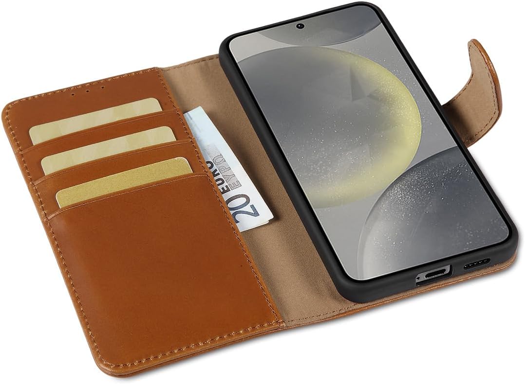 LENSUN Lederhülle für Samsung Galaxy S24, Echtleder Hülle [Standfunktion][RFID Blocker][Premium Echt