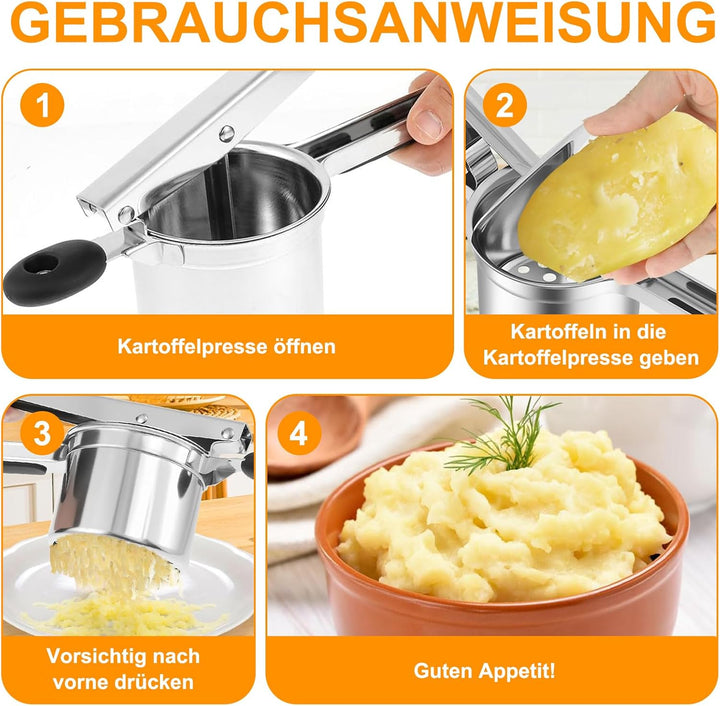 Kartoffelstampfer Edelstahl, Kartoffelpresse mit 4 Auswechselbaren Schneidplatten 3 Zubehörteile, zu