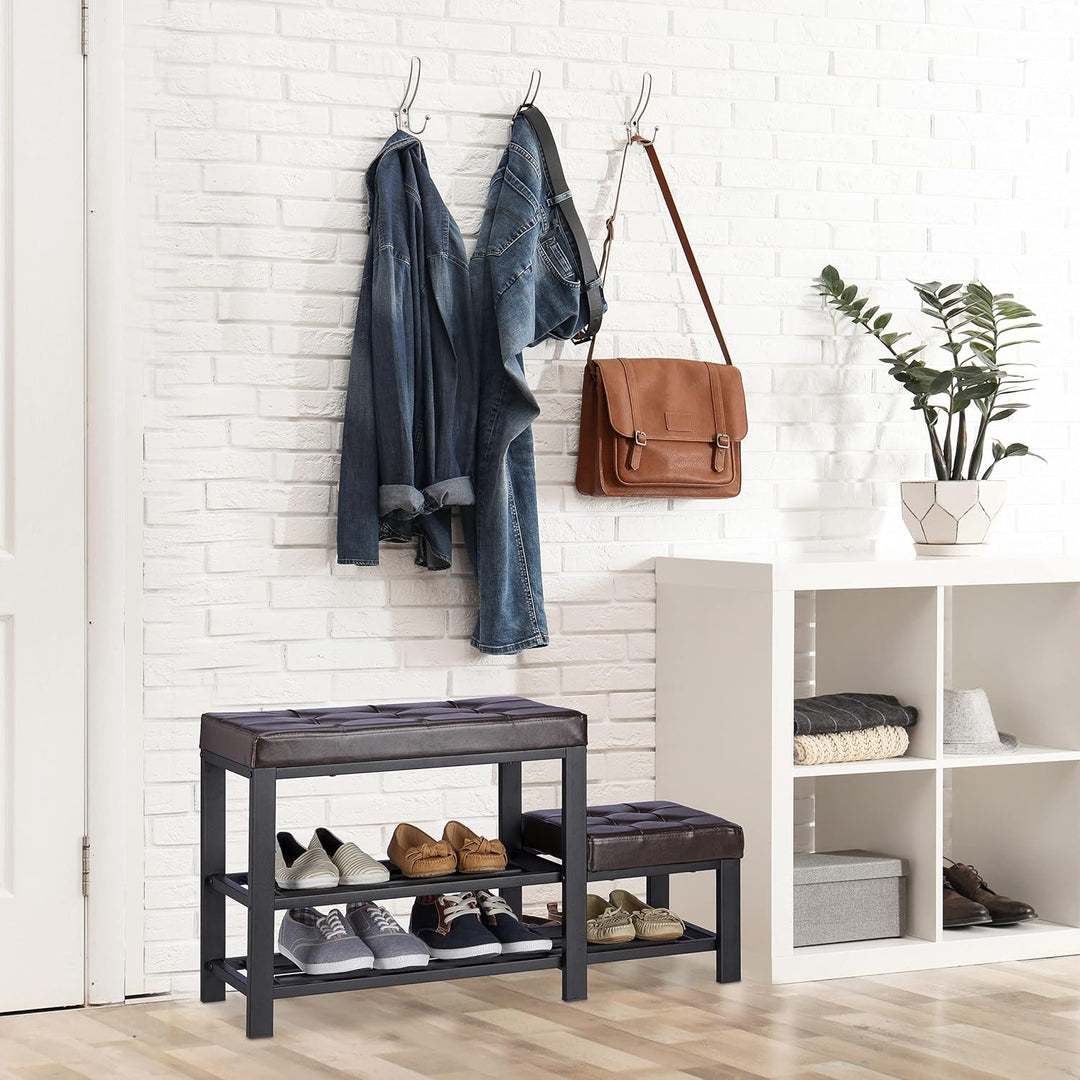 Relaxdays, braun Schuhbank mit Hocker, gemütliche Sitzpolster, Schuhablage 2 Ebenen, Kinder, HBT: 50