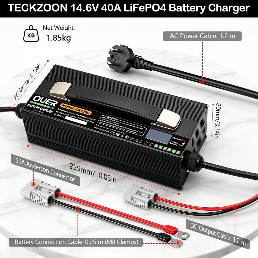 LiFePO4 Ladegerät 14,6V 40A für 4S 12V LiFePO4 Batterie, AC-DC, Smart 4 Stufen Laden mit Kühlventila