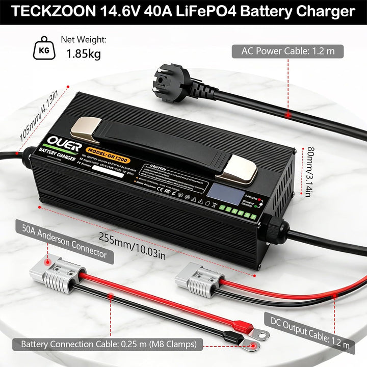 LiFePO4 Ladegerät 14,6V 40A für 4S 12V LiFePO4 Batterie, AC-DC, Smart 4 Stufen Laden mit Kühlventila