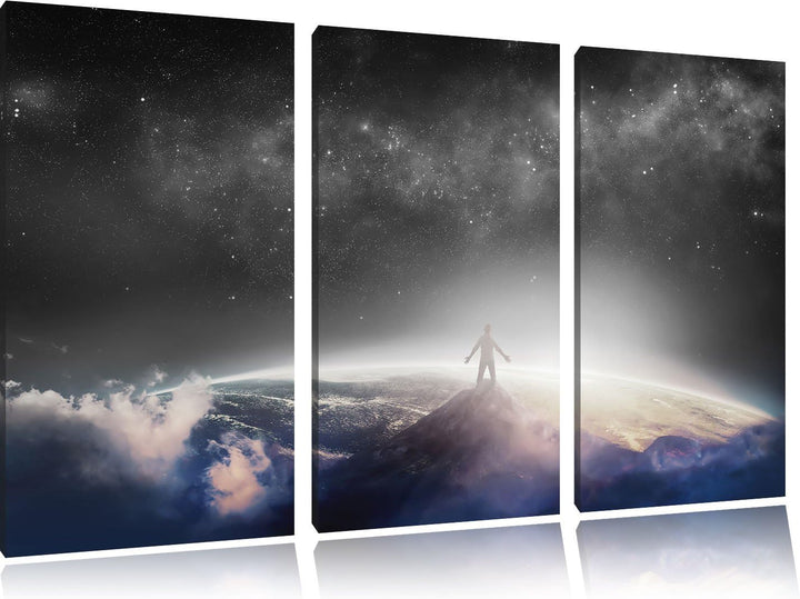 Pixxprint der Mann auf dem Berg mit dem Blick auf die Welt B&W Detail 3-Teiler Leinwandbild 120x80 B