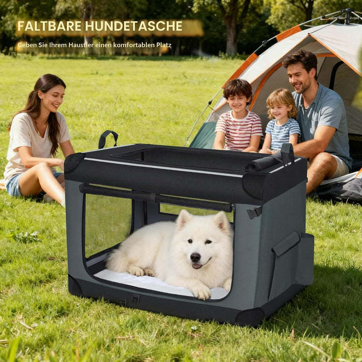 Hundebox Faltbar, 3-Türiger Transportbox Hund, 91,4 × 63,5 × 63,5 cm, Tragbare Hundetasche mit Refle