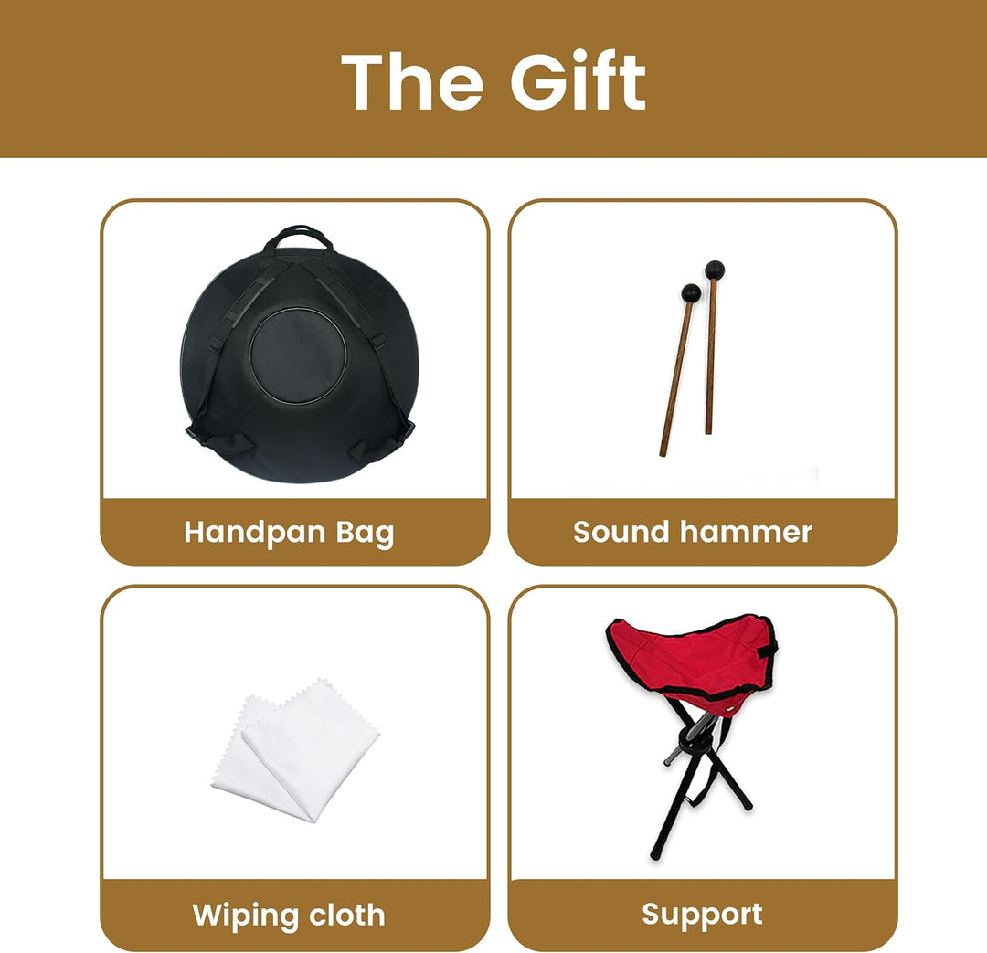 GLADFRESIT 432hz Handpan Steel Drum 9 Notes 22inch "GOLD Performer" in D Minor with handpan stand, h