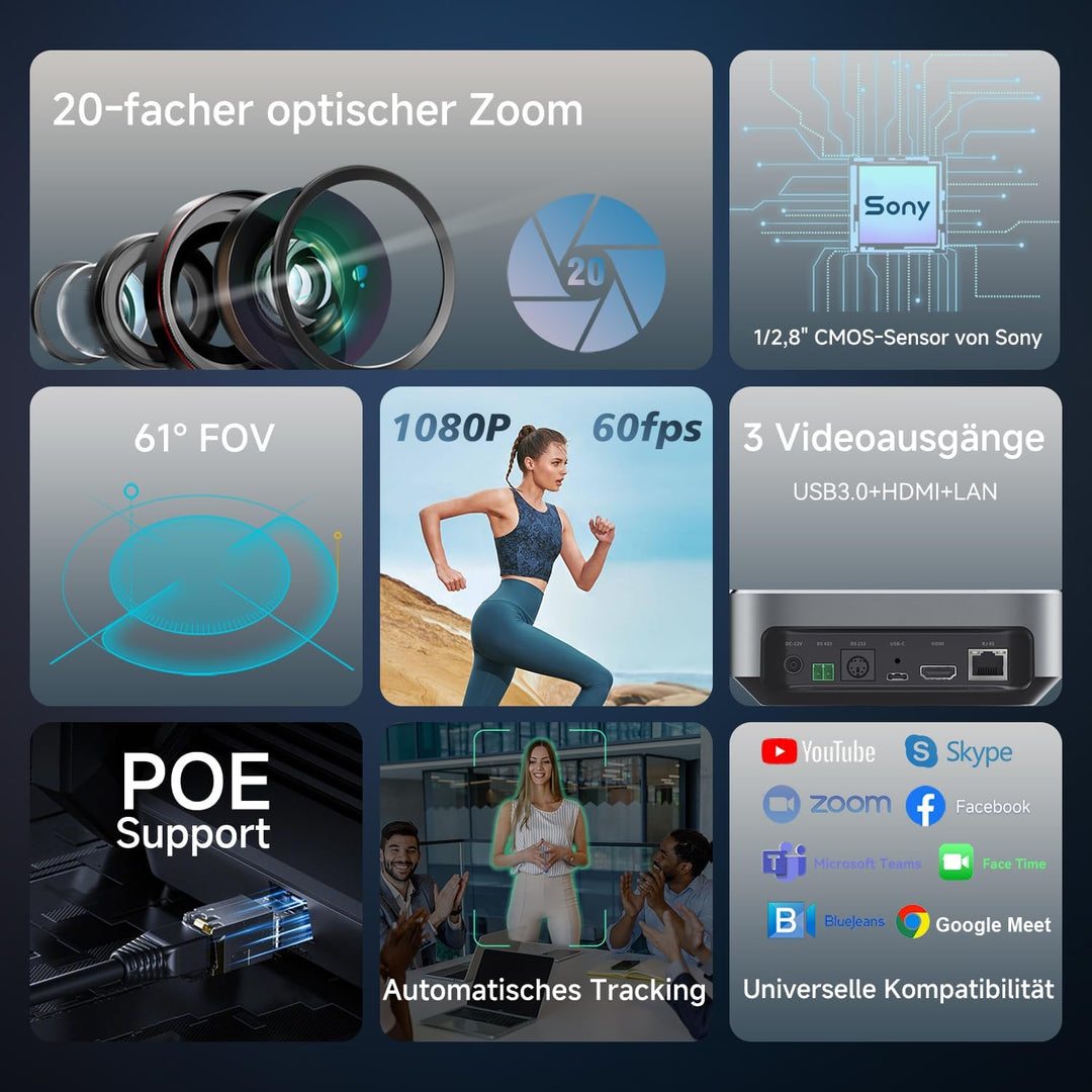 PTZ-Kamera mit 20-Fach optischem Zoom,TONVEO USB HDMI LAN IP Live-Streaming-Kamera,1080P 60fps Video