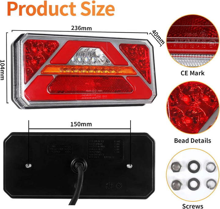 2 Stück LED Anhänger Rücklicht, 12V 24V Rückleuchten, IP67 Wasserdicht mit Fahr, Brems, Lenk, Rückfa