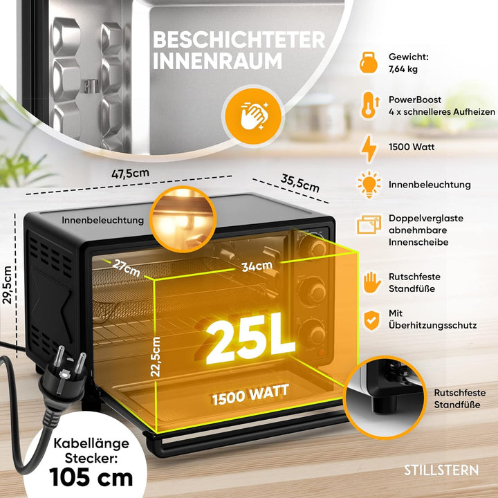 Stillstern Minibackofen mit Umluft (25L, DE Version, inkl. Frittierkorb) Auftauen, 2 Std. Timer, Ofe