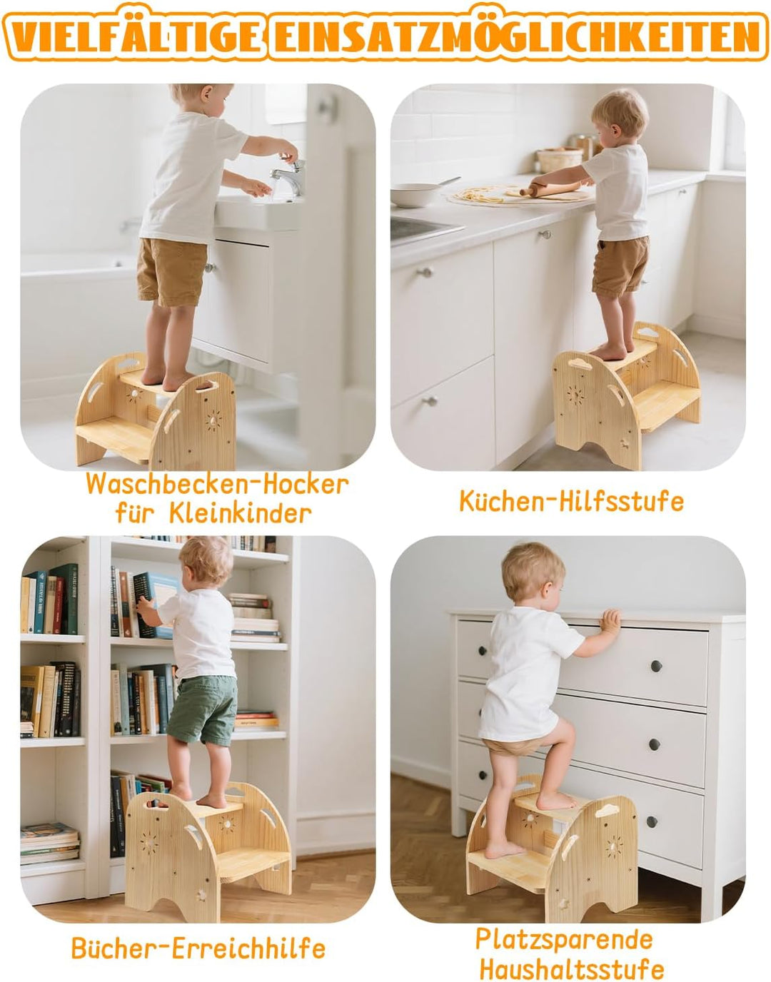 Tritthocker Kinder Holz 2 Stufen – Rutschfester Kinderhocker mit Griff – 200kg Belastbarkeit für Küc