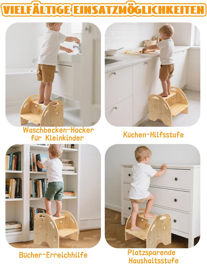 Tritthocker Kinder Holz 2 Stufen – Rutschfester Kinderhocker mit Griff – 200kg Belastbarkeit für Küc