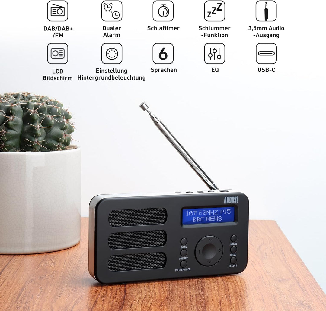 August MB225 - Tragbares Radio mit DAB+ / DAB/FM RDS-Funktion 40 Presets digitaler Radiowecker Stere