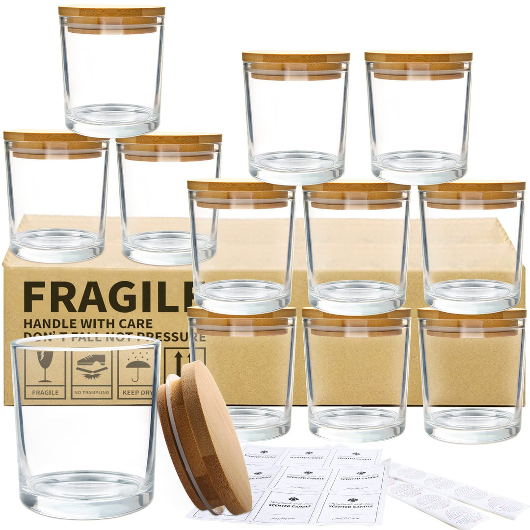 CONNOO 12 Stück 284 ml klarem Glas-Kerzengläser mit Bambusdeckel für die Herstellung von Kerzen, lee
