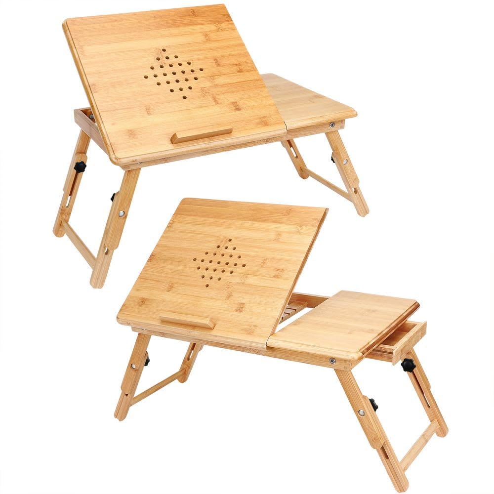 CASARIA® Laptoptisch Höhenverstellbar Holz 2er Set 5-Fach Neigbar inkl. Schublade Lüftungslöcher Bam